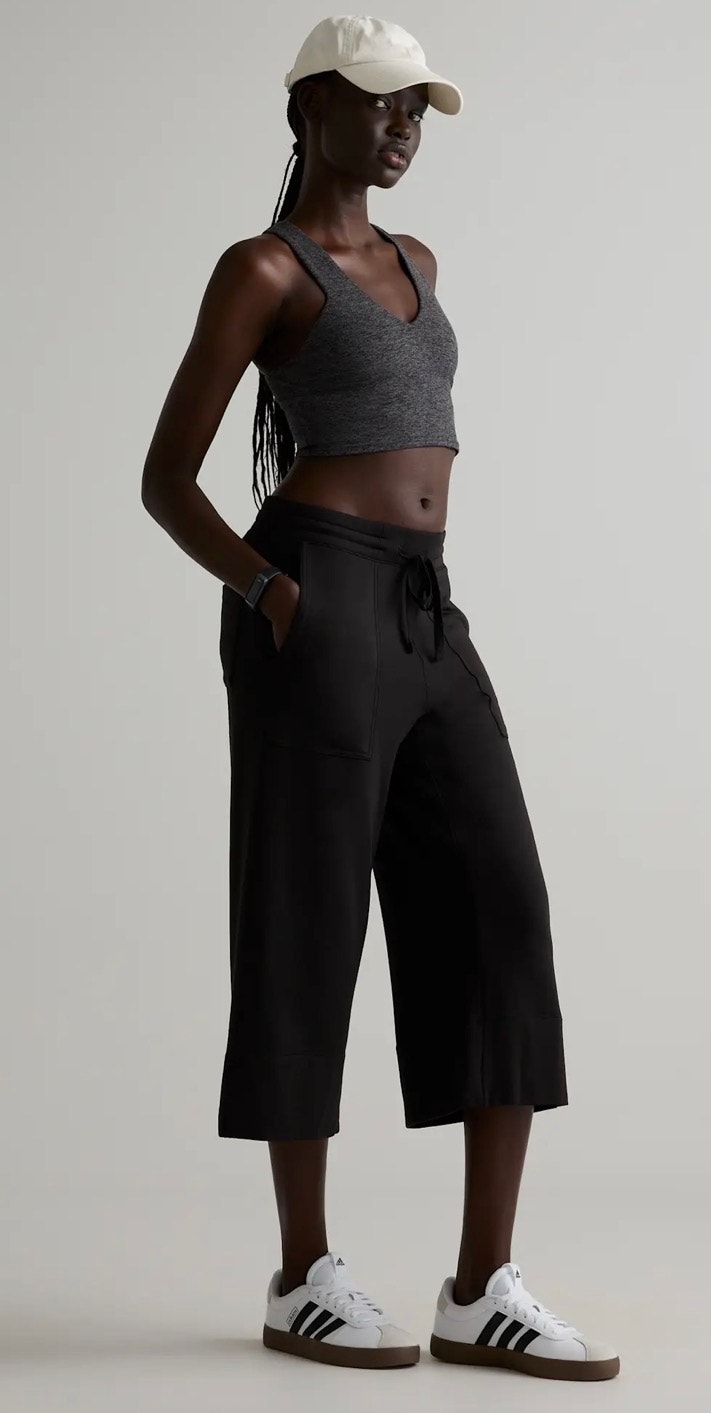 Quince Supersoft Black Fleece Cropped Wide Leg Pants W/ Pockets Size Medium